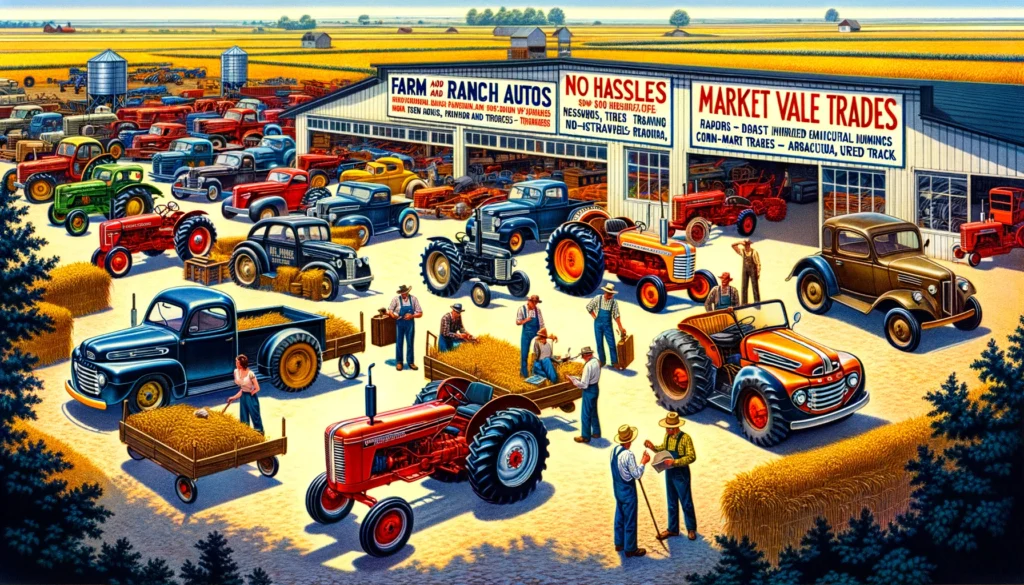 Farm and Ranch Autos - A vivid and detailed wide illustration of 'Farm and Ranch Autos', a dealership that sells new and used farm implements, tractors, and trucks. The scen (2)